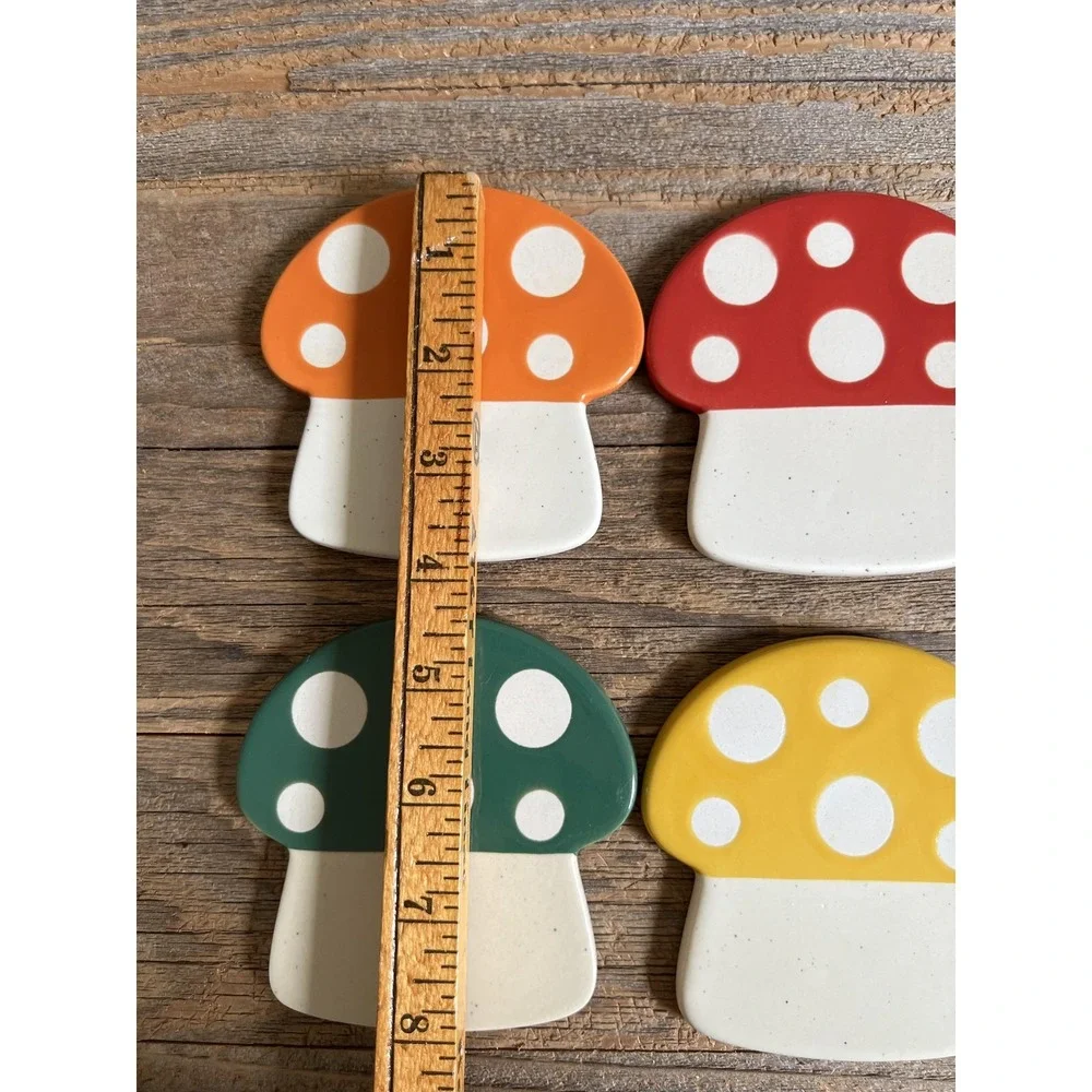 Mushroom‎ Ceramic Drink Coasters Set Of 4 Polka Dot Retro Mod Kitchen Decor